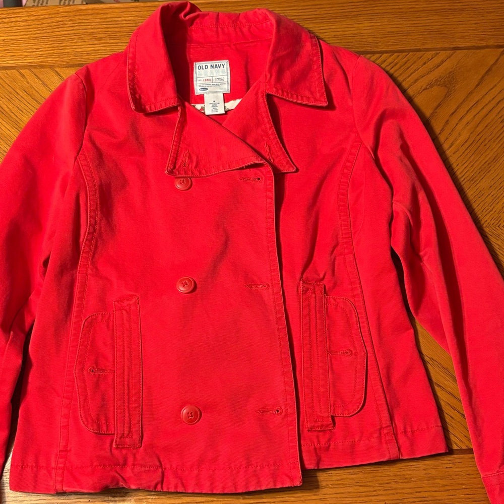 Old Navy Poppy Red Canvas Short Pea Coat Womens Size Medium.